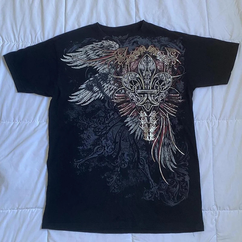 E Girl Gothic Mall Goth Loose Tee Y2K Cyber Grunge Cross Wing Print T-shirt 90s Vintage Harajuku Short Sleeve Tops Women Men 240626