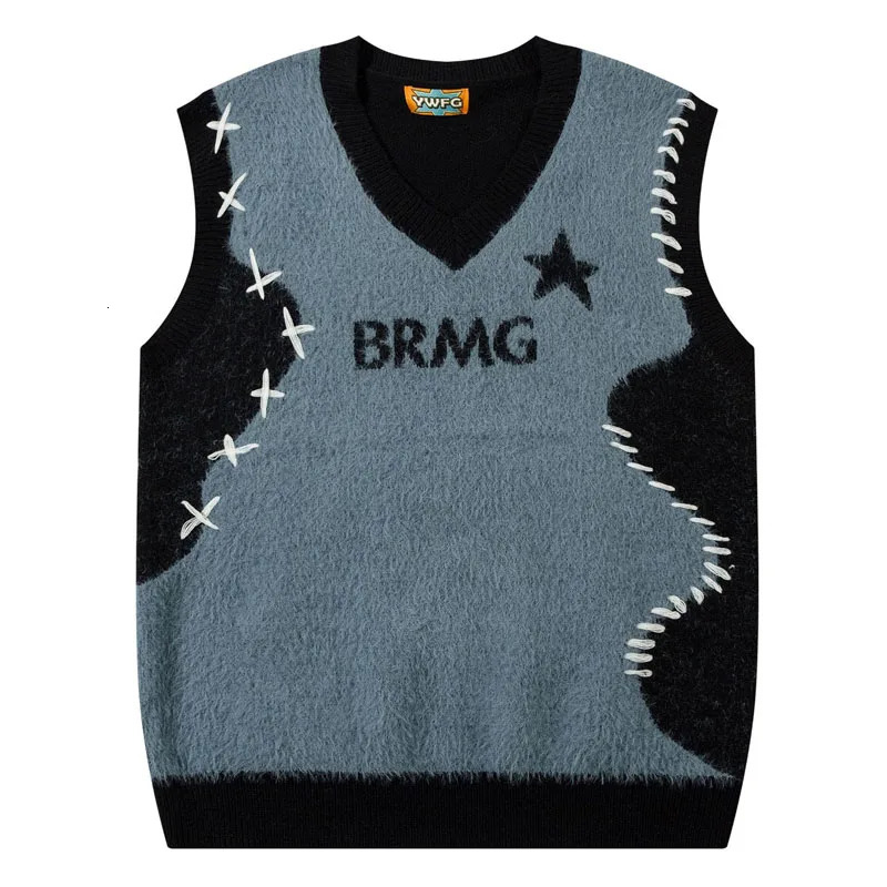 Autumn Winter Sweater Vest Men Plush Patchwork Loose Sleeveless V-neck Sweaters Vest Harajuku Oversize Couple Knitwear Pullover 240704