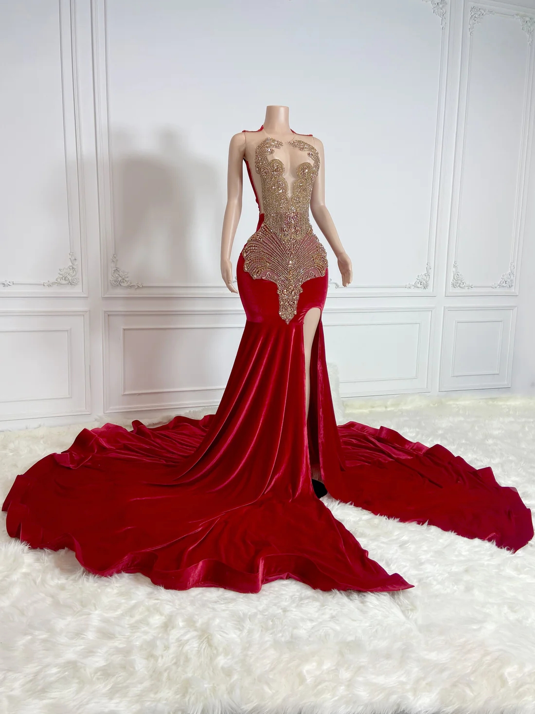 Red Velvet Sheer Women Long Prom Dresses For Black Girls Luxury Mermaid Diamond African American Prom Gowns Evening Gala Party Dresses