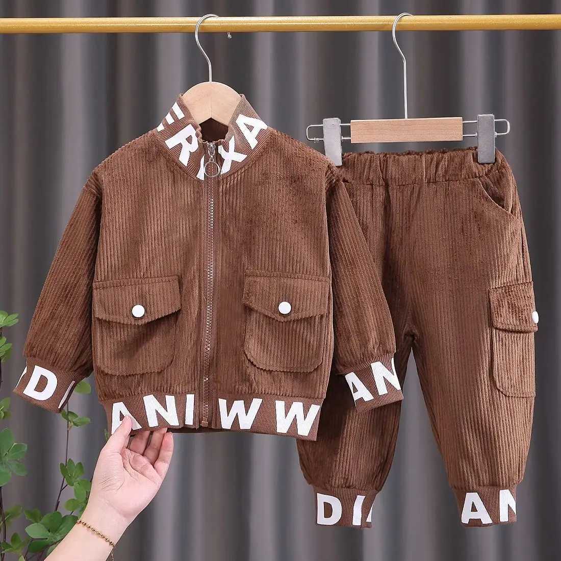 Clothing Sets Children Clothing 2024 New Baby Autumn Clothes For Kids Boys Girls Letter Standing Collar Corduroy Jackets+Pants Outfit 2PCS Set
