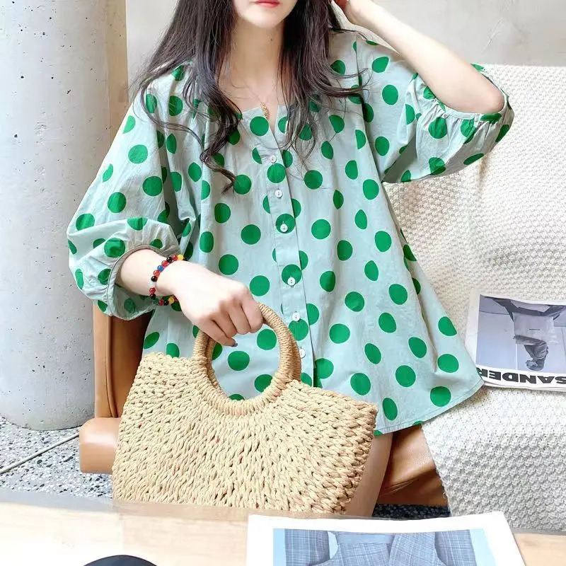 Women Floral Print Sweet Chic Kawaii Button Shirts Summer Korean Style O Neck 3/4 Sleeve Blouses Casual Y2K Streetwear Tops Ropa 240704