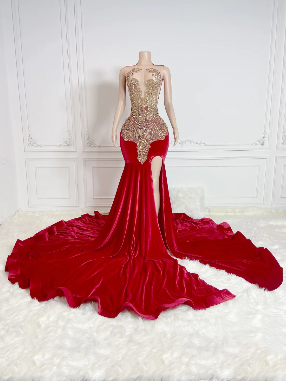Red Velvet Sheer Women Long Prom Dresses For Black Girls Luxury Mermaid Diamond African American Prom Gowns Evening Gala Party Dresses