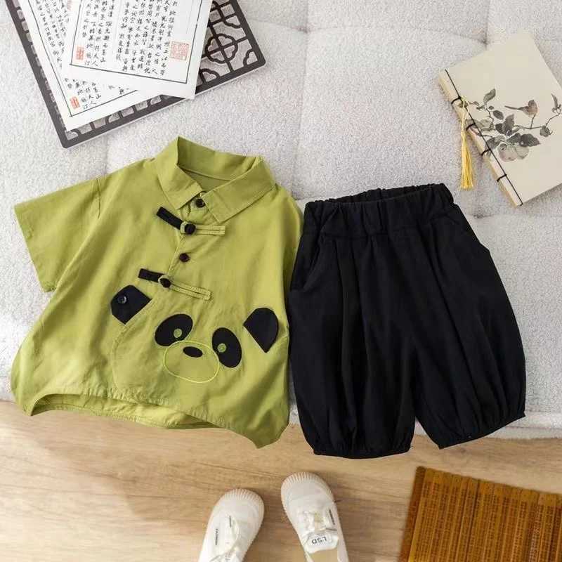 Clothing Sets 2024 Boys Summer Cartoon Set Baby Chinese Set Fashion Panda Pankou Short Sleeve+Shorts Summer Two Piece Set