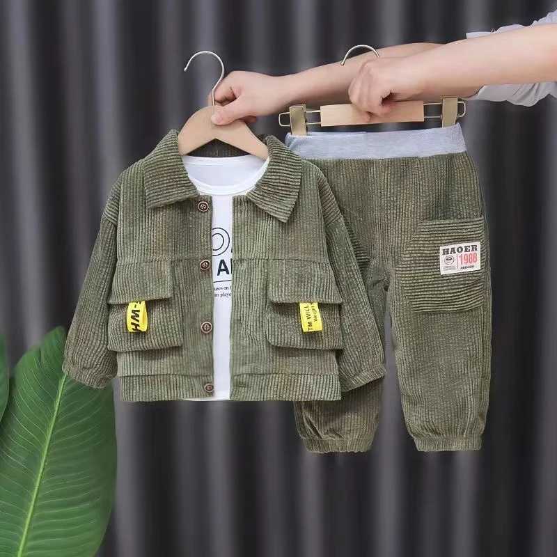 Clothing Sets Spring and Autumn Childrens Three Piece Suit New Corduroy Lapel Single Breasted Leisure Childrens Long Sleeve Coat Wholesale