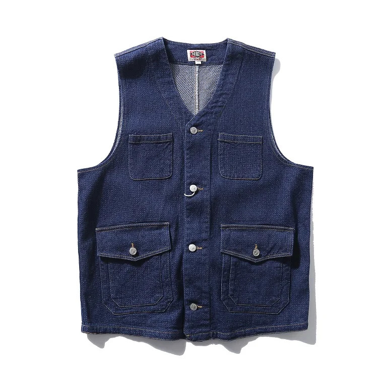 Buckle Back retro denim vest mens multi pockets workwear sleeveless jacket y2k youth 100% cotton deep blue camisole top Vintage 240704