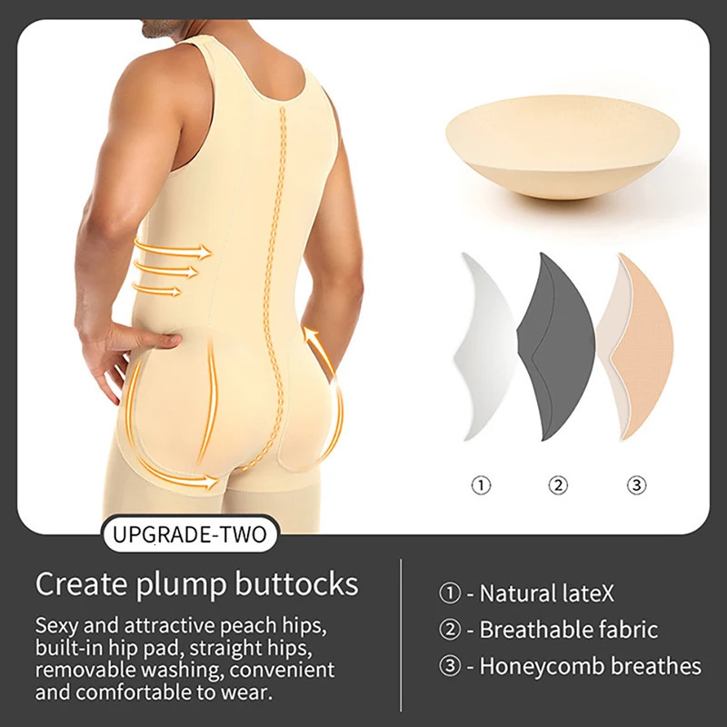Upgraded Mens Shapewear Bodysuit Padded Butt Lifter Full Body Shaper Compression Underwear Slimming Suit Waist Trainer Corset 240703