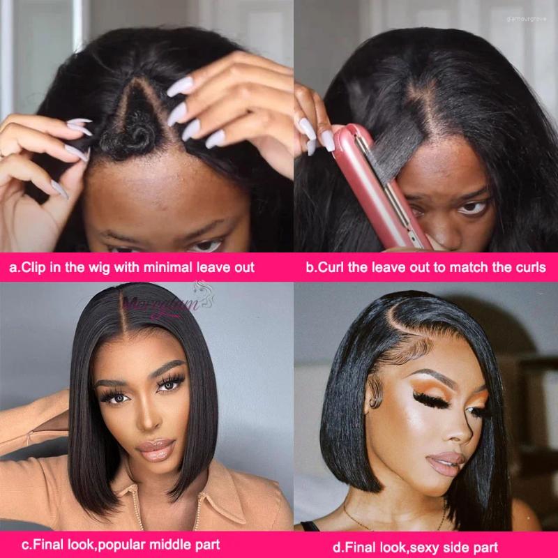 Part Wig V Human Hair Straight Short Bob 10-16Inch Brazilian Wigs For Women 180% Density Remy Non Lace