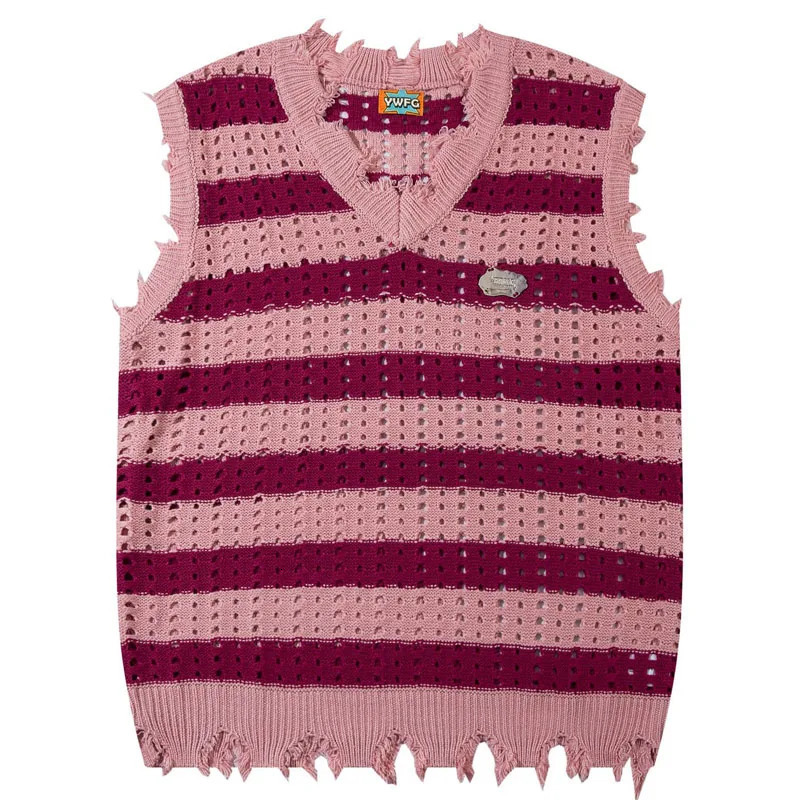Mens Sleeveless Sweater Vest Women Striped Hollow Loose V-neck Sweaters Harajuku Casual Loose Knitted Pullove Spring Fall Jumper 240704