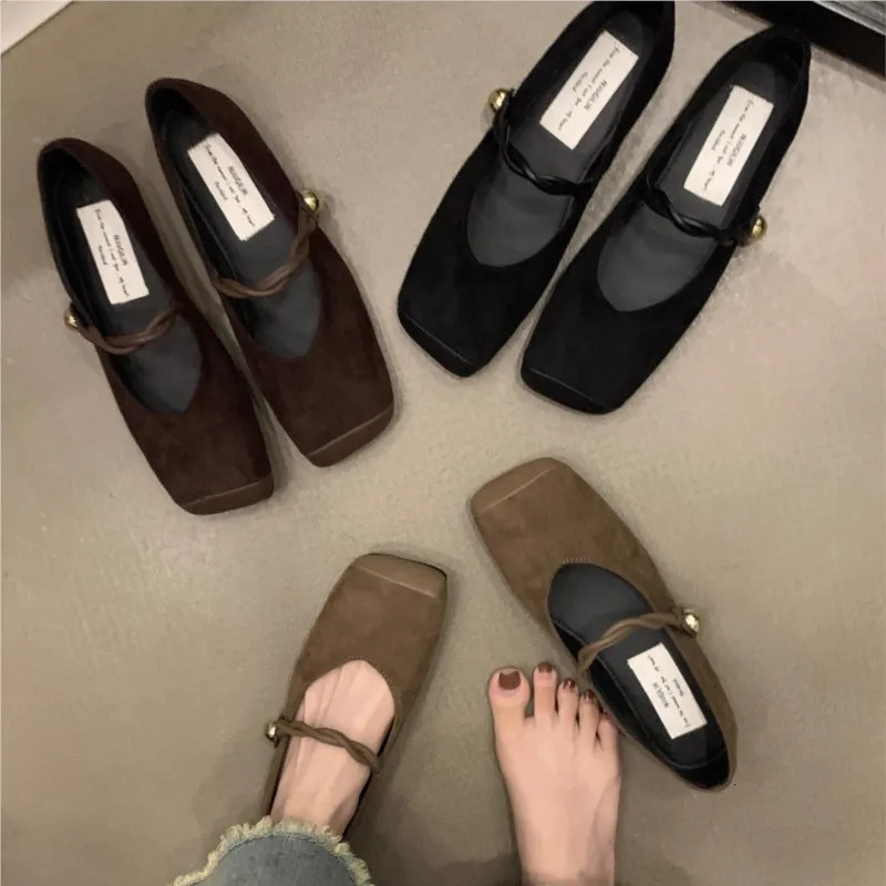 Womens Ballet Flats Faux Suede Mary Jane Square Toe Ball Buckle Strap Casual Shoes Comfortable Woman Flats Spring Autumn 1687N 240705