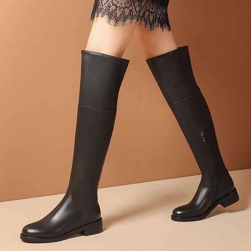 Big Size 43 Cow Leather Round Toe Med Heel Young Lady Daily Wear Simple Style Classic Black Over-The-Knee Boots L52