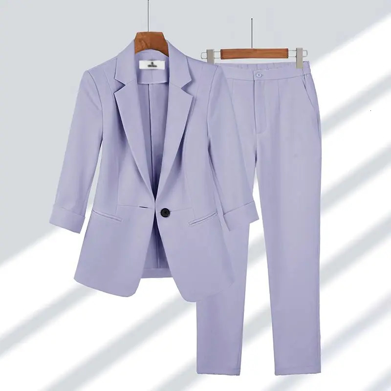 Summer Thin Jacket Blazer Casual Wide Leg Pants Two Piece Elegant Womens Set Office Outfits Business Clothing 240702