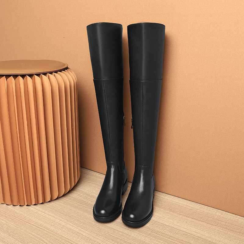 Big Size 43 Cow Leather Round Toe Med Heel Young Lady Daily Wear Simple Style Classic Black Over-The-Knee Boots L52