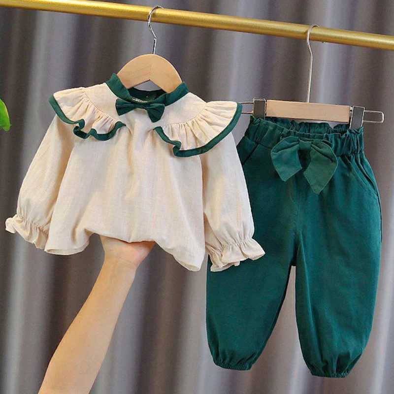 Clothing Sets Girls Clothes Sets Spring Autumn Bowknot Blouses Tops + Bloomers Pants Outfits For Children Clothes Set Sweet Kids Clothing 2Pcs