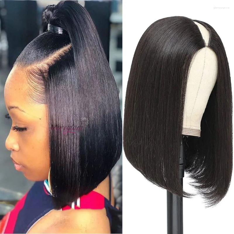 Part Wig V Human Hair Straight Short Bob 10-16Inch Brazilian Wigs For Women 180% Density Remy Non Lace