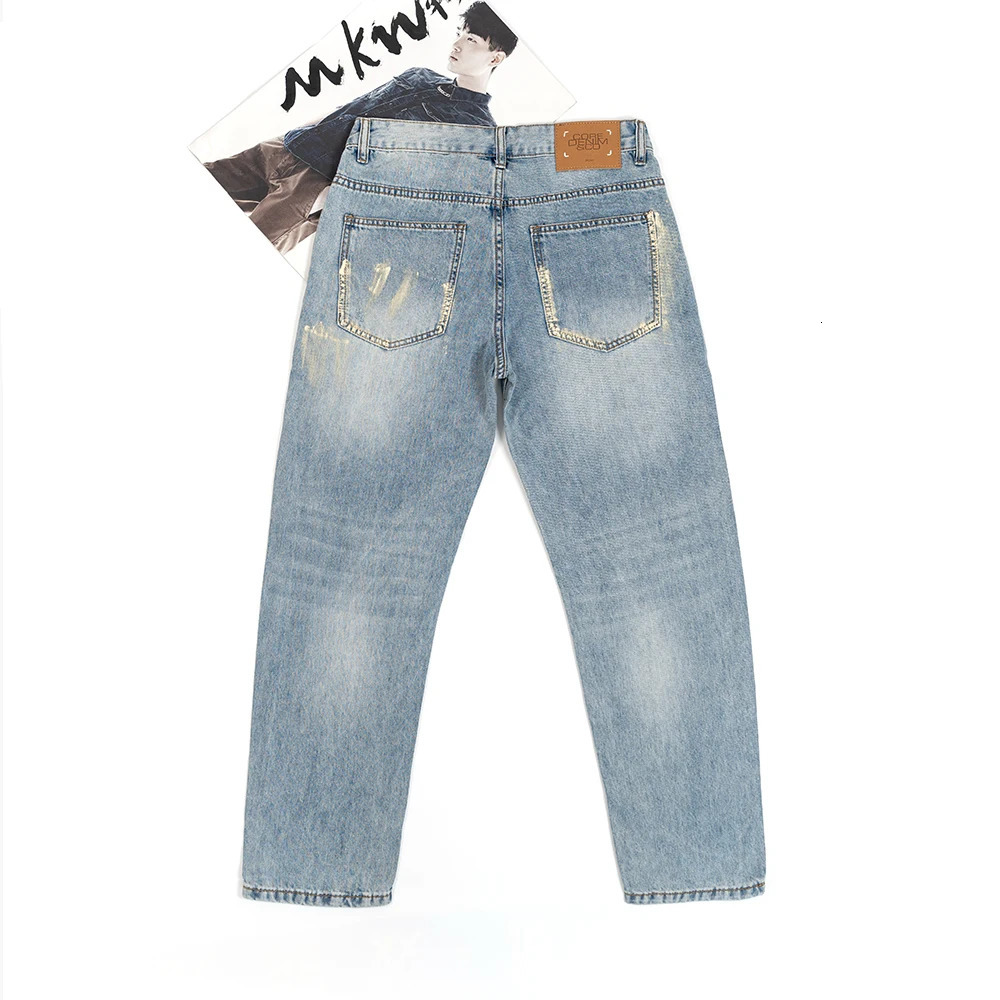 Summer Lyocell Thin Light Blue Denim Jeans for Men Stylish Distressed Ripped Hole Tapered Straight Pants 24ss Y2k Youth Male 240627