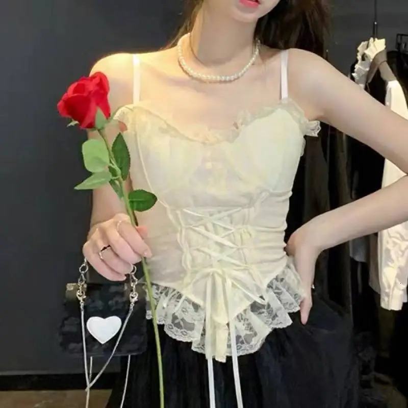 Y2k Clothes Blouses Sexy Crop Tops Women Corset Lace Bandage T-shirt Camisole Woman Sling Tank Top Fashion Sleeveless Waistcoat 240703