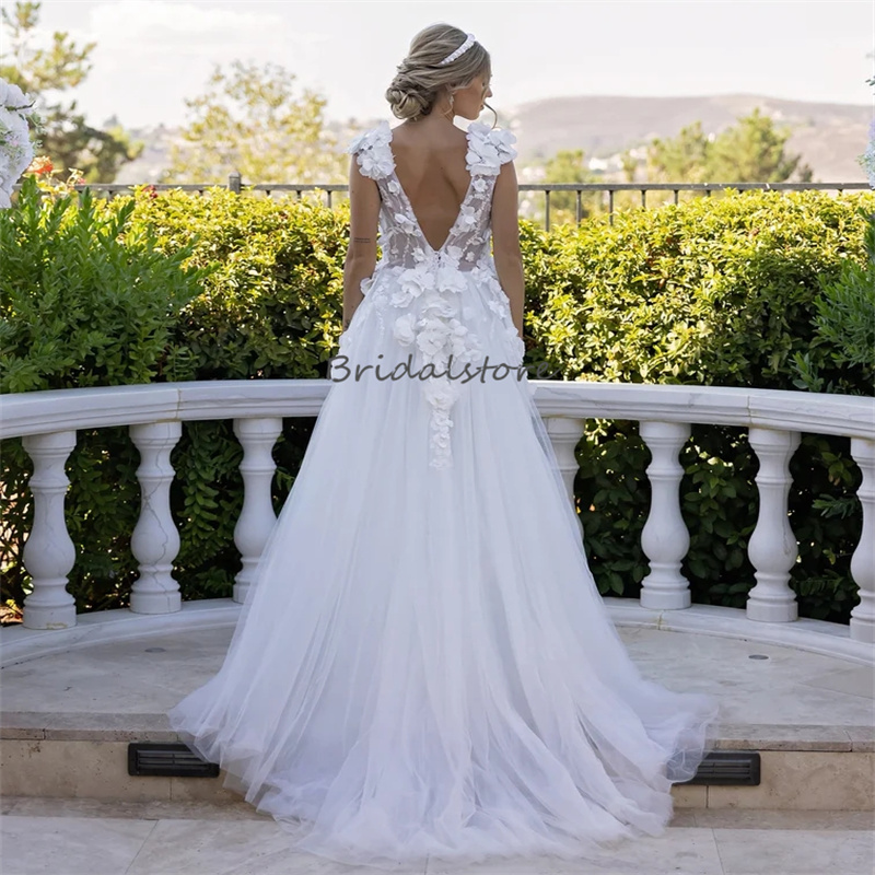 Gorgeous 3D Florals Boho Wedding Dress 2024 Fairy V Neck Civil Hippies Backless Beach Bride Dress Charming Gatsby Bridal Dress Vestidos De Casamento R