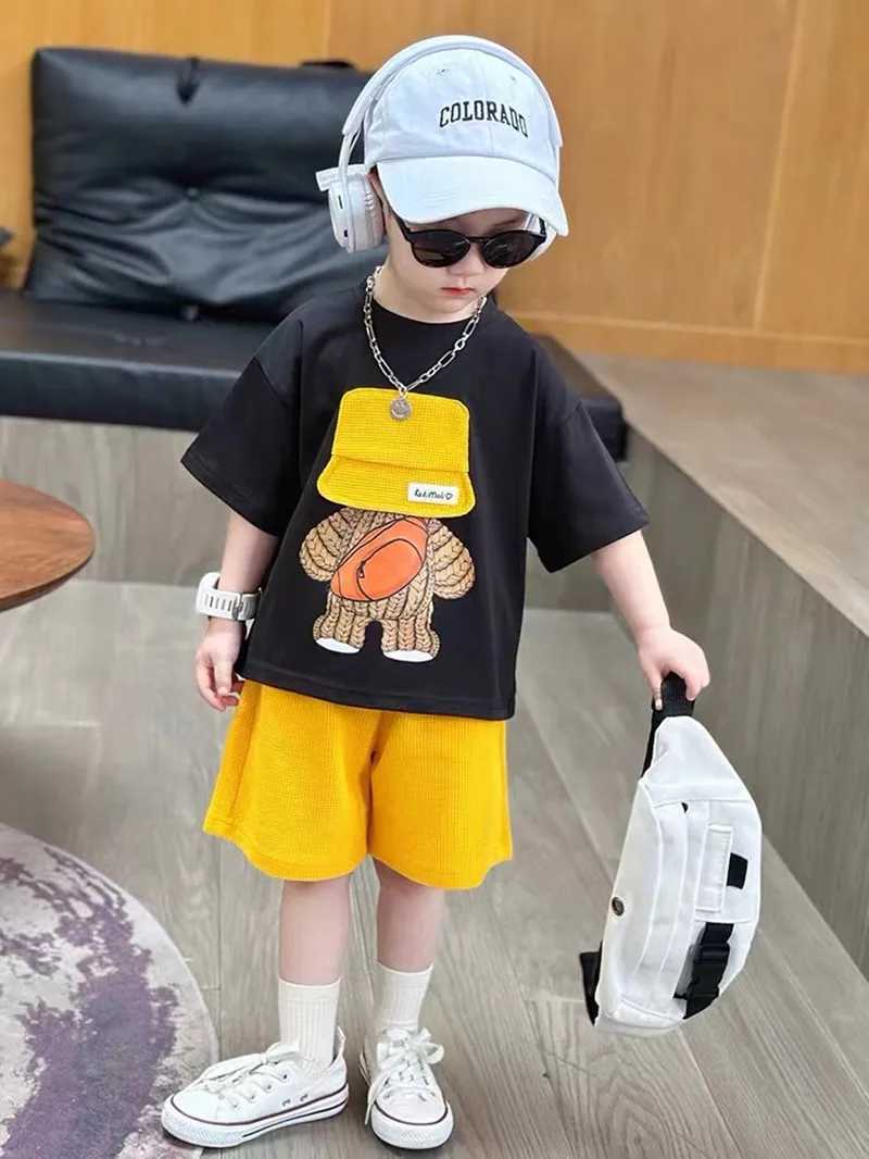 Clothing Sets 2024 Boys and Girls Summer Set New Childrens Cartoon Short Sleeve Cotton T-shirt Shorts 2-Piece Set For Boys Loose Casual Set