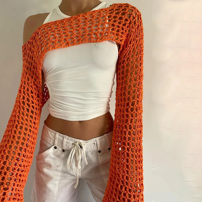Long Sleeve Crochet Crop Top Summer Women's Knitted Crop Top Openwork Knitted Mesh Top Beach Bikini Cover Up y2k Tops 240703
