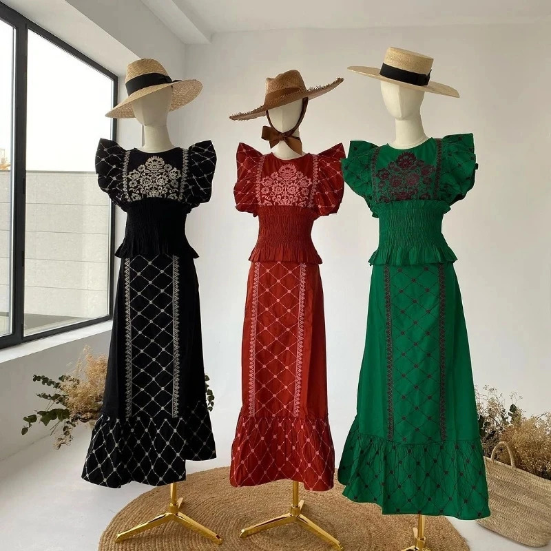 Women Elegant Flying Sleeve Printed Top 2 Piece Sets Summer Chic O Neck Tee Wrap Waist Long Skirt Suit Outfits 240704