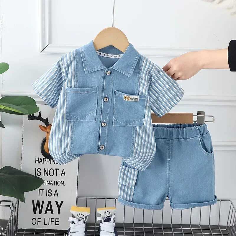 Clothing Sets New Children Fashion Boys Denim Clothing Sets Casual Striped Shirts Shorts 2pcs Kids Outdoor Suit Toddler Suit 0-5 Years