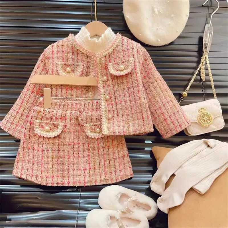 Clothing Sets Korean Suit For Girls Autumn And Winter Checkered Small Fragrant Wind Girl Set Fashion Coat+Short Skirt Knitting Two Piece Set