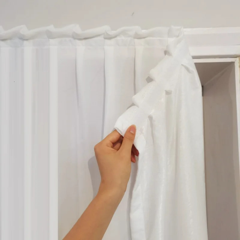 Punch-Free Semi Sheer Curtains Solid White Chiffon Curtains Self-Adhesive Weave Textured Privacy Translucent Drape for Door Window Decor 240705