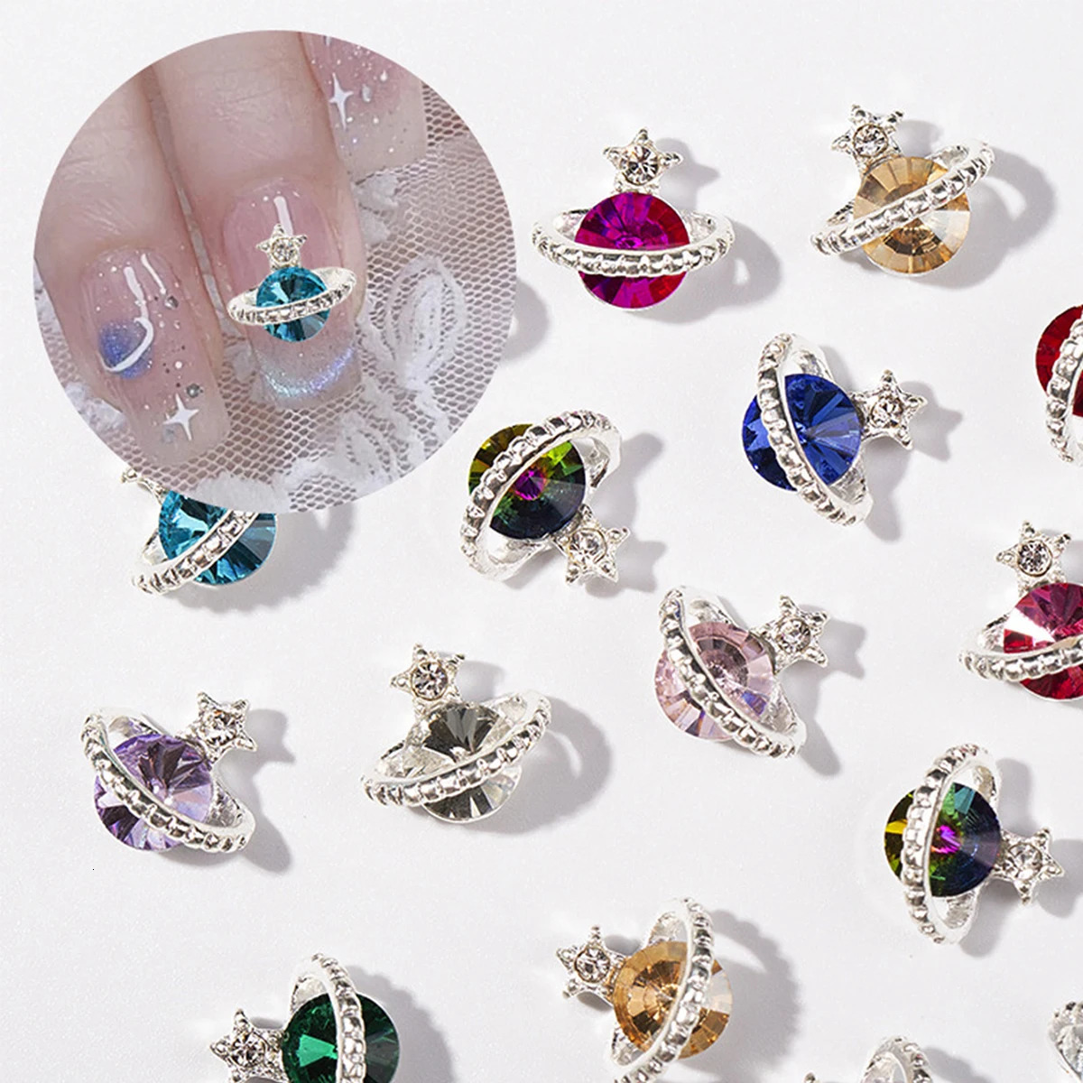 60pcs/1 box of 12 alloy colorful planet studs with diamond decorations and cosmic elements planet studs with metal decorations 240705