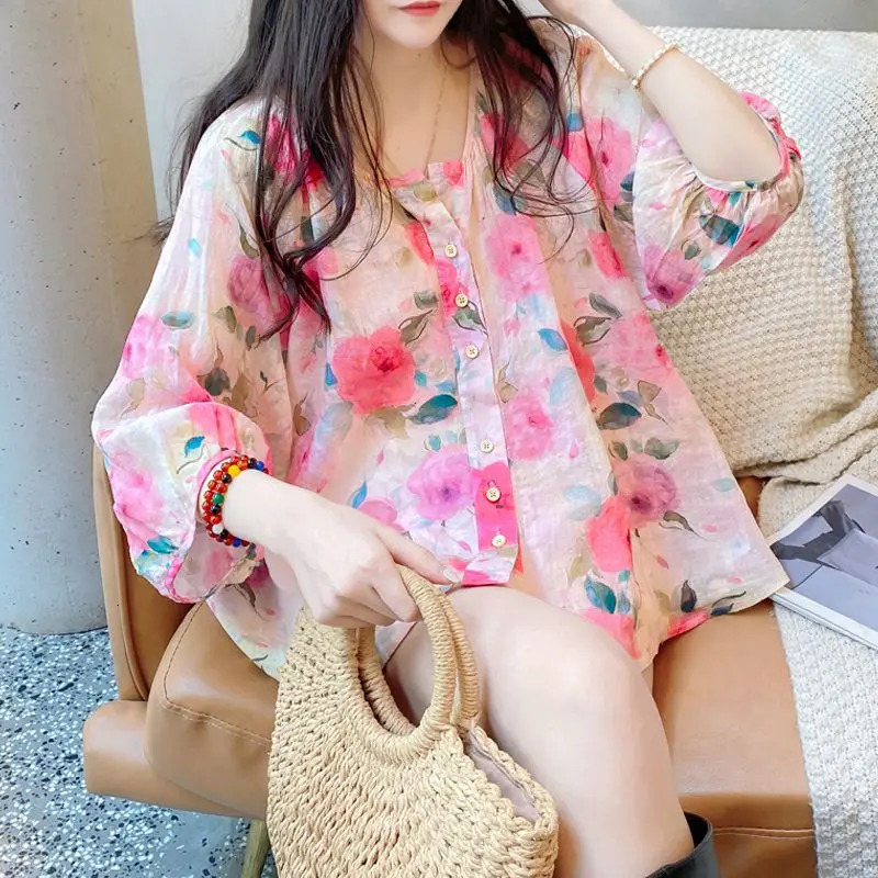 Women Floral Print Sweet Chic Kawaii Button Shirts Summer Korean Style O Neck 3/4 Sleeve Blouses Casual Y2K Streetwear Tops Ropa 240704
