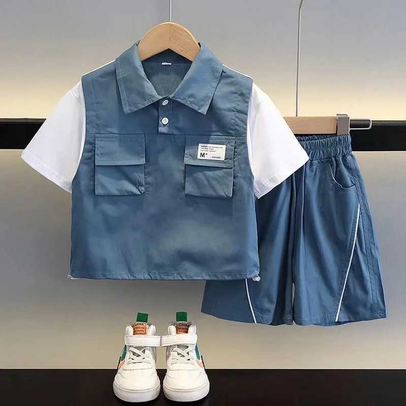 Clothing Sets Boys Summer Short sleeved Set 2024 New Fashionable Baby Summer Clothing Childrens Handsome Casual Childrens Wear 2 Pcs