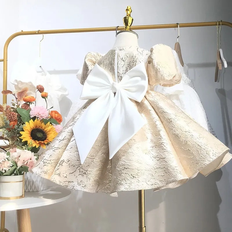 Baby Girl Princess Dress with Puff Sleeves Baby Toddler Youth Bow Visco Gold Party Birthday Ball Dress Christmas Baby Clothing 1-14Y 240704