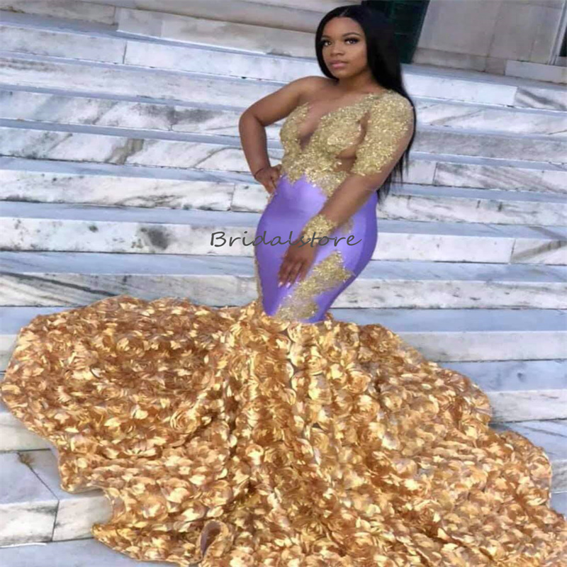 Elegant Black Girls Mermaid Prom Dresses Lilac With Gold Appliques Lace Long Sleeve 3D Florals Evening Dress Plus Size African Formal Party Gowns Vest