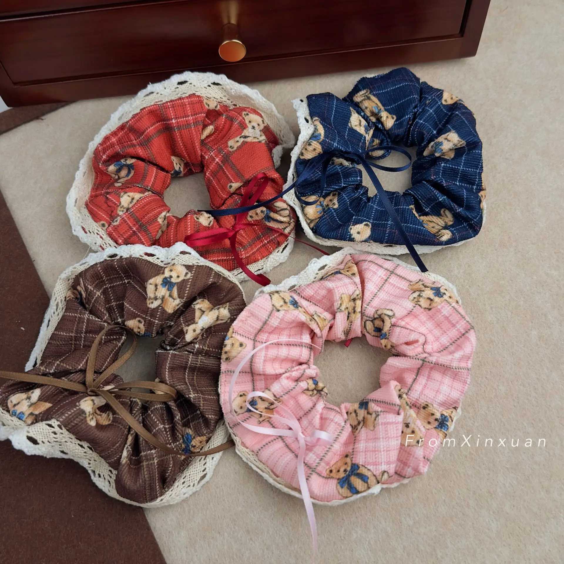 Headbands Korean Teddy Bear Fabric Lace Scrunchies Hairband 2024 Cute Girl Ribbon Vintage Striped Headband Cartoon Bear Hair Accessories