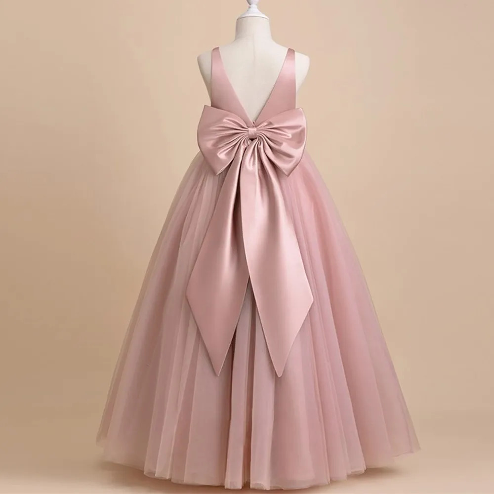 Elegant Girls Big Bow Dress Teen Girl White First Communion Ceremony Long Robe Clothing Kids Bridesmild Wedding V-Neck Vestidos 240704