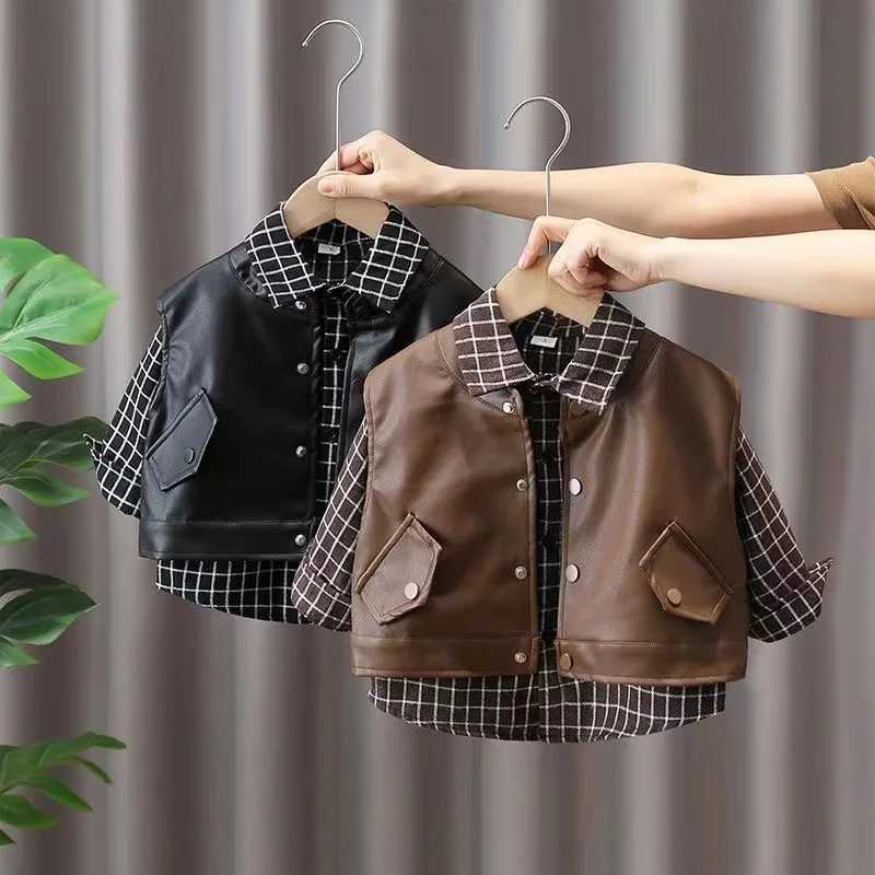 Clothing Sets Boys Spring And Autumn Set 2024 New Fashion Childrens Pu Vest+Shirt Two piece Set For Boys And Babies Fashion Two piece Set