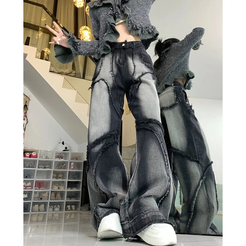 Black High Waist Women Jeans Hip-hop Style Fashion Vintage Streetwear Y2K Wide Leg Jean 2024 Female Trouser Baggy Denim Pants 240703