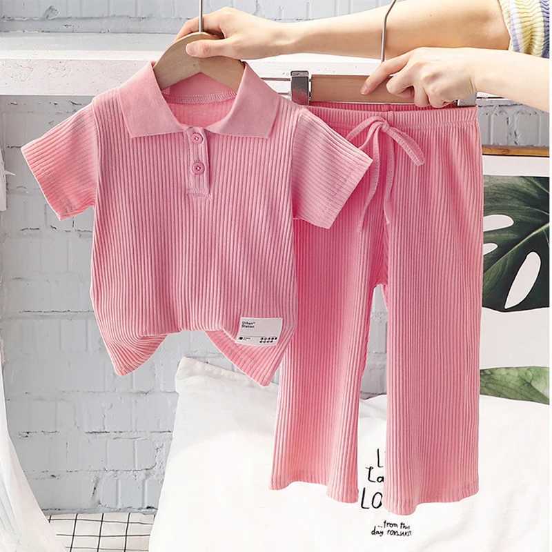 Clothing Sets Girls Summer Clothing Suit Children Short-Sleeved Polo Shirt Wide Leg Pants 2Pcs Sets Baby Loungewear Fashion Pit Stripe Outfits IXVU