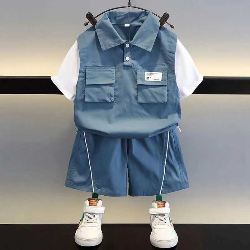 Clothing Sets Boys Summer Short sleeved Set 2024 New Fashionable Baby Summer Clothing Childrens Handsome Casual Childrens Wear 2 Pcs