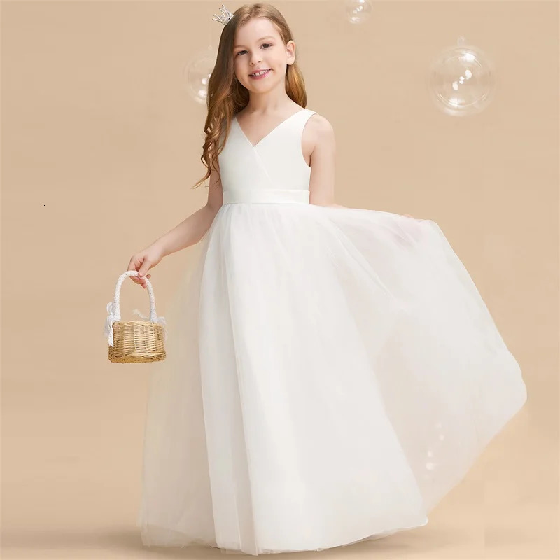 Elegant Girls Big Bow Dress Teen Girl White First Communion Ceremony Long Robe Clothing Kids Bridesmild Wedding V-Neck Vestidos 240704