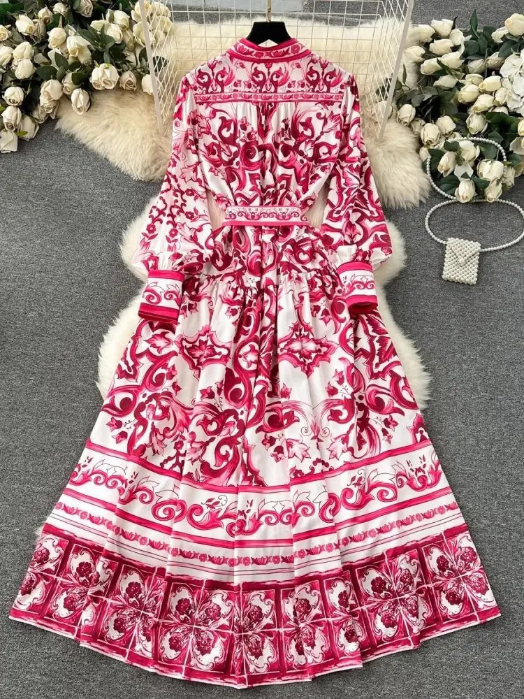 JAMERARY Runway Red Blue White Porcelain Print Holiday Maxi Dress Womens Stand Single Breasted Loose Lace Up Belt Long Vestido 240627