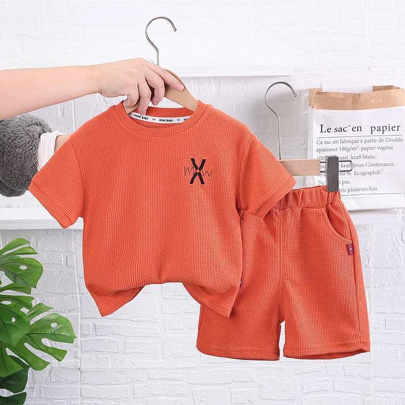Clothing Sets New Summer Baby Boys Clothes Set Cotton Short Sleeve Waffle T-Shirts And Solid Shorts 2Pcs Casual Suit for Kids 1-5 Years