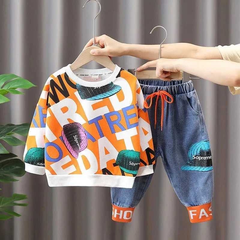 Clothing Sets Childrens Clothing Set Spring and Autumn Boys Baby Round Neck Sweater Pants Two Piece Fashion Jeans Set
