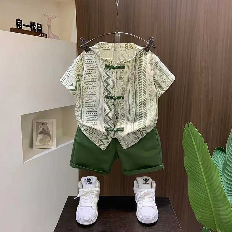 Clothing Sets Boys Summer Set New Chinese Style Set New Childrens Ancient Hanfu Trendy Baby Summer Thin Short sleeved Clothes Two Piece Set