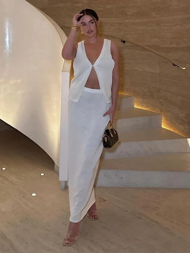 White Gauze Sleeveless Button Tops Suits For Women Sexy See Through High Waist Skirt 2 Pieces Set Summer Female Vacation Outfits 240627