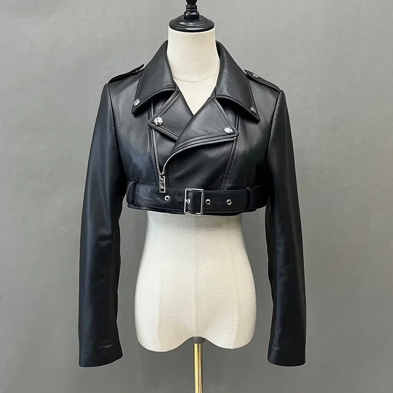 Spring Autumn Leather Jacket Lady Fashion Moto Crop Jacket Y2K Women Short Coat Genuine Sheepskin FG5539 240625