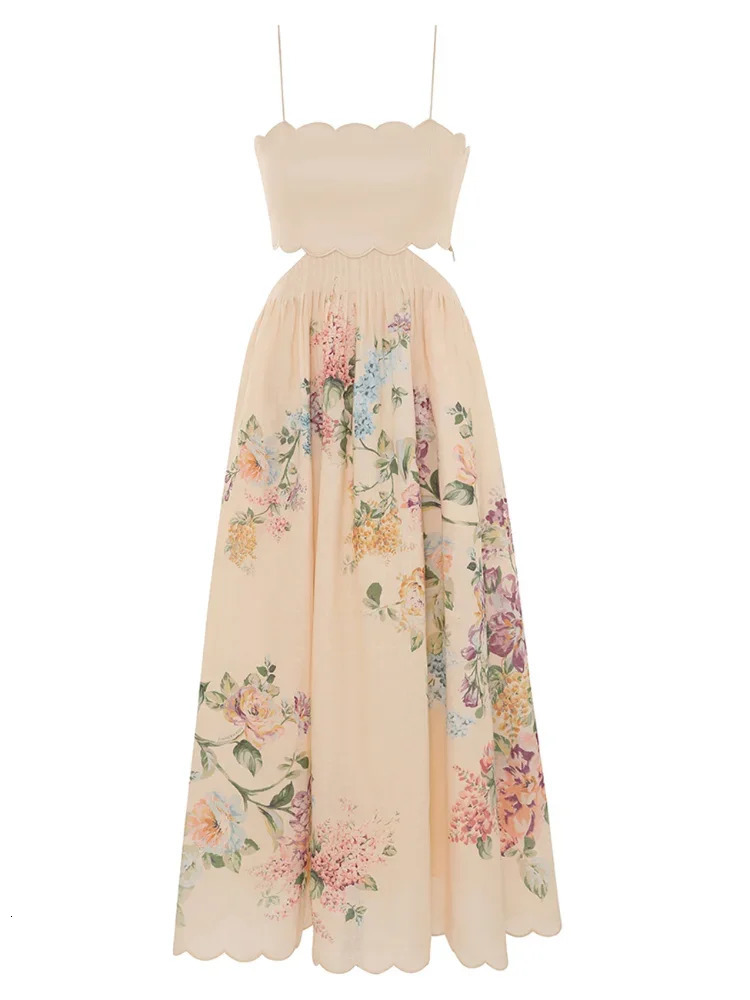 Elegant Print Hollow Out Halter Dress For Women Sexy Backless Sleeveless Aline Dresses Summer Female Fashion Party Vestidos 240628