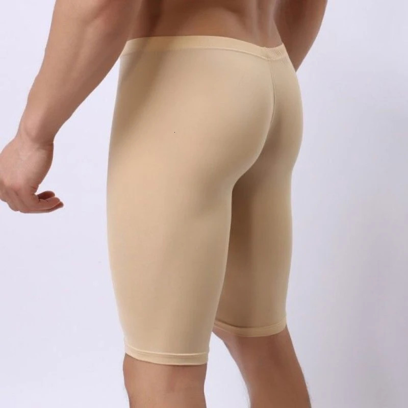 Mens Ice Silk Ultra-thin Bottom Shaping Summer Low Waist Sexy Transparent Tight-fitting Five-point Solid Color Bodysuit Pants 240703