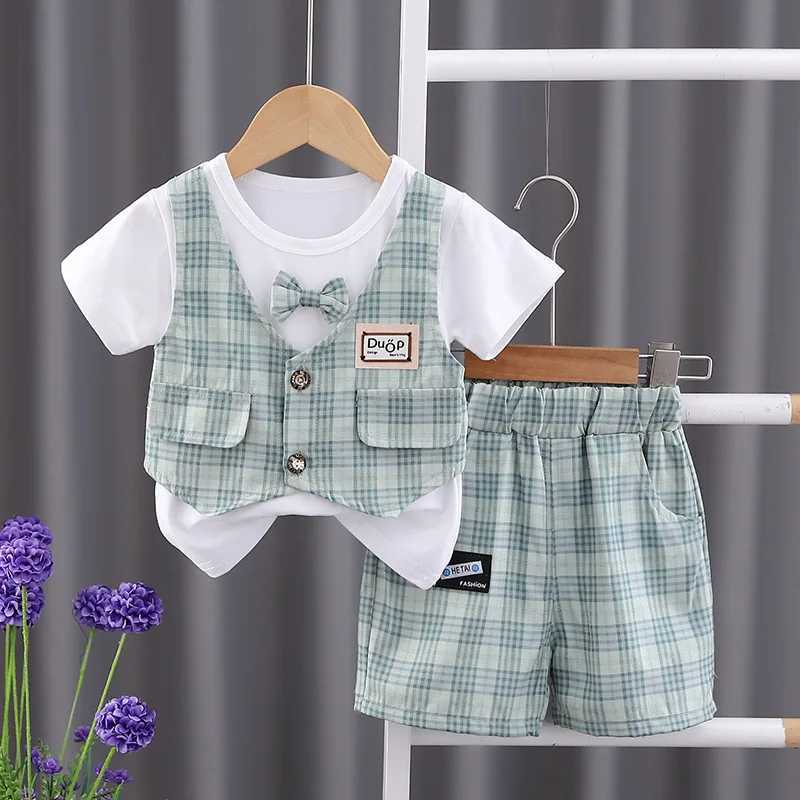 Clothing Sets 2023 Summer Baby Boys Cotton T-Shirt Plaid Shorts Pants Wedding Party 2PCS Clothing Set Toddler Kids Gentleman Suit for 1-5Years