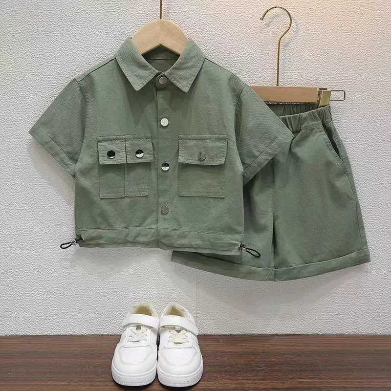 Clothing Sets Boys and Girls Summer Suit Childrens Summer Short Sleeved Boys Academy Style Handsome Workwear Two piece Set Trendy 2 4 6 8 9 Y