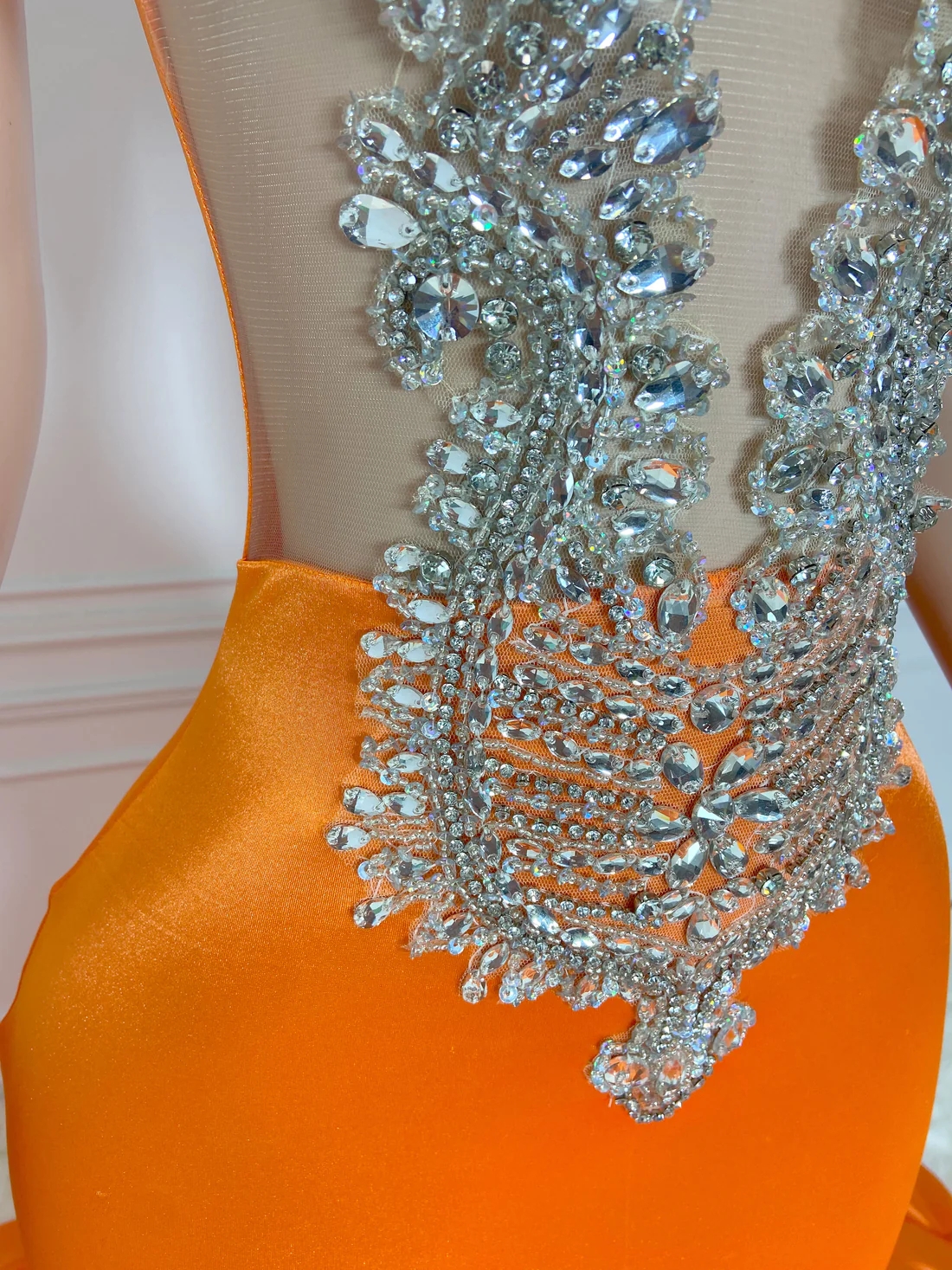 Orange Luxury Sheer Women Long Prom Dresses For Black Girls Sexy Mermaid Diamond African American Prom Gowns Evening Gala Party Dresses